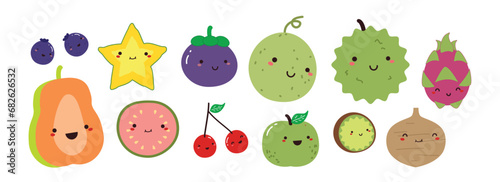 Set of fruit illustration. Cute fruit illustration. Cute melon, cherry, papaya, durian, fruits, etc.