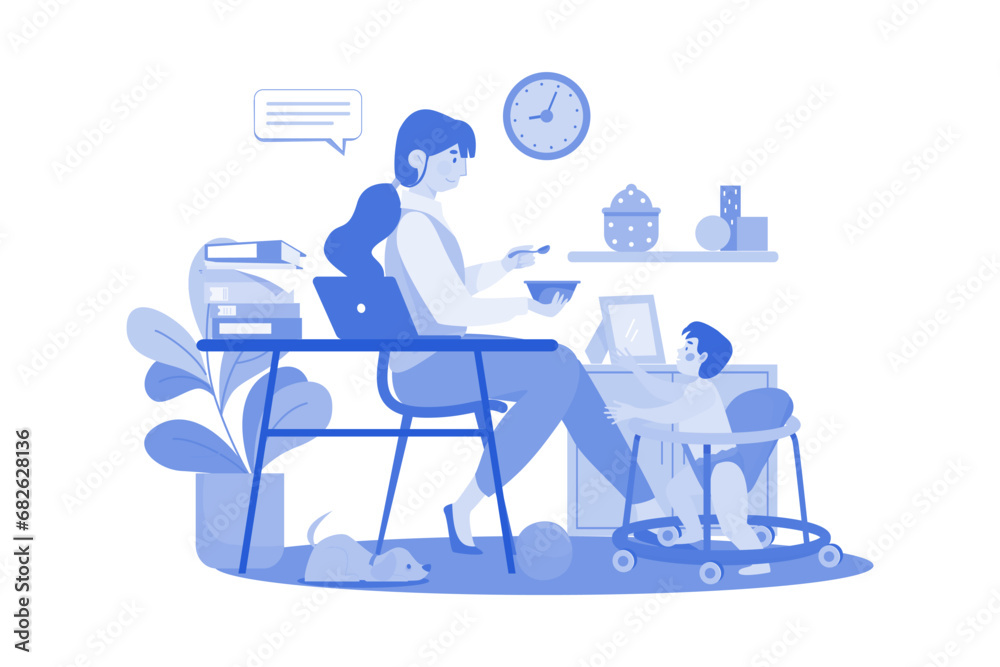 Fototapeta premium Working From Home With Handling Baby