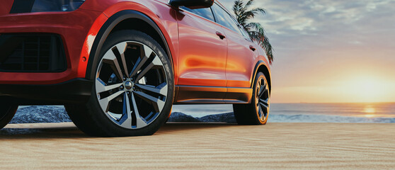 Red car parked on the beach at sunset.3d, rendering, illustration,