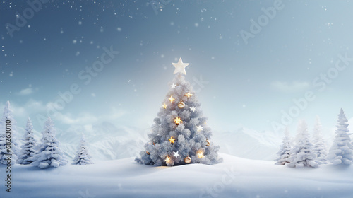 christmas tree with snow Illustration of christmas tree in a snowy wonderland Christmas tree in the snow with bokeh background.   © Manzar
