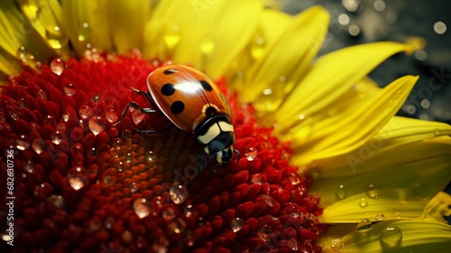 A ladybug exploring the textured surface of a sunflower petal, showcasing its vibrant colors and delicate spots in a