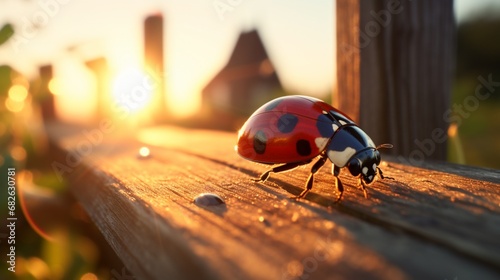 A ladybug illuminated by the soft light of a golden hour sunset, resting on a wooden fence, creating a warm, picturesque scene in a © Amna