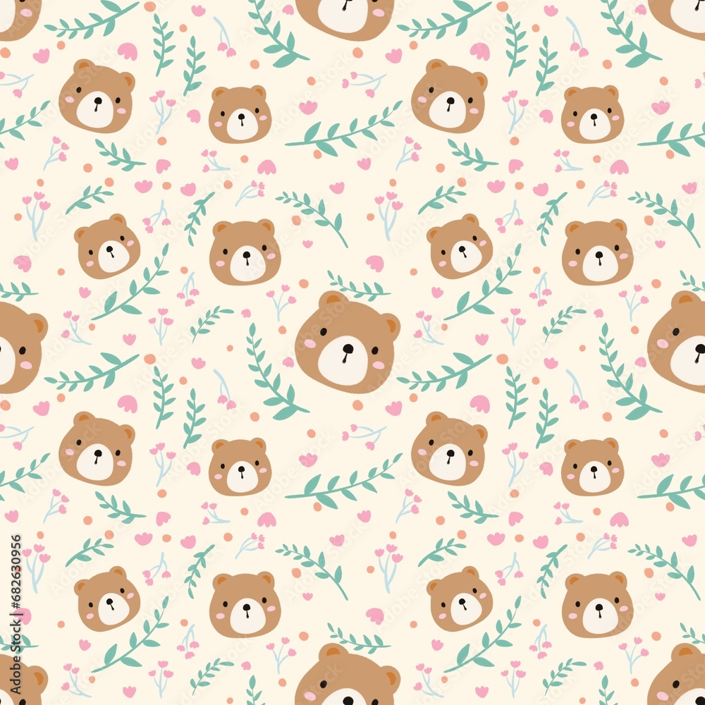 Cute bear with flower on pastel background seamless pattern for card, birthday, fabric