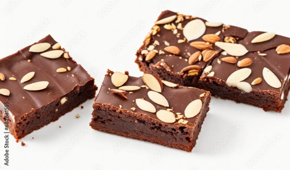 Set collection pieces of fresh delicious chocolate and almond nut brownies, cut out isolated on white from Generative AI