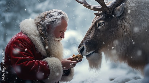 Christmas Claus tending to his reindeer. Generative Ai. photo