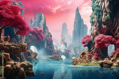 vibrant enchanting landscapes of fictional island of Inlandia, showcasing its mystical forests, cascading waterfalls, and imaginative qualities that make it land of myths and dreams