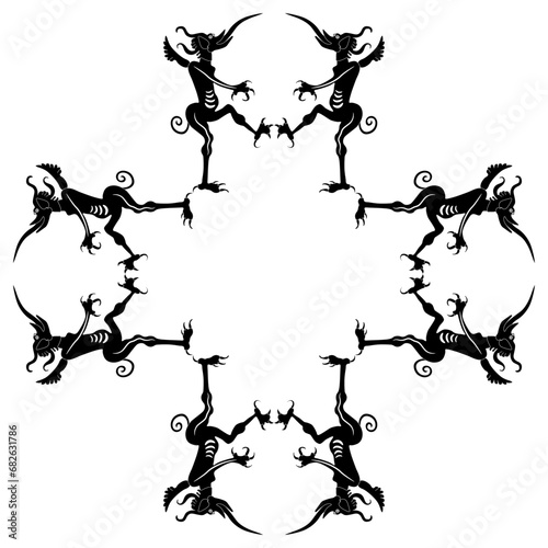 Geometrical cross shape ornament or frame with medieval devils. Black and white silhouette.