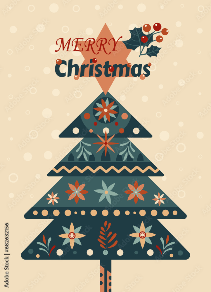 A colorful vector illustration of a Scandinavian folk-style Christmas tree adorned with Christmas decoration elements
