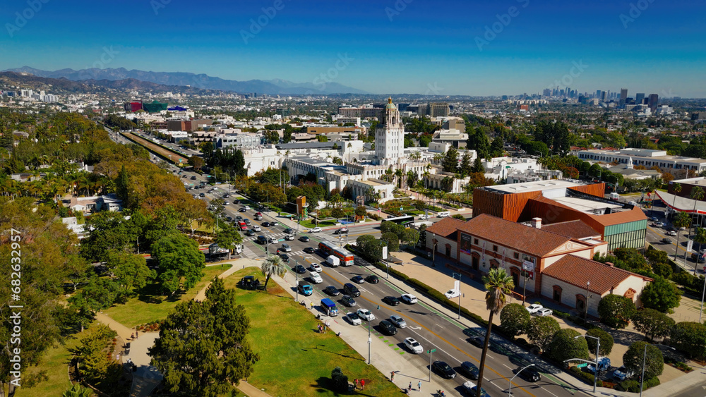 Aerial view over Beverly Hills and Santa Monica Boulevard in Los Angeles by drone - aerial photography