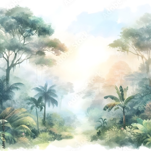 Tropical rainforest painted with watercolor on white background
