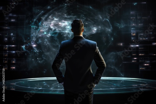 Back view of businessman looking at planet earth in futuristic space. Technology concept, A businessman employing holographic projection for financial analysis and decision-making, AI Generated