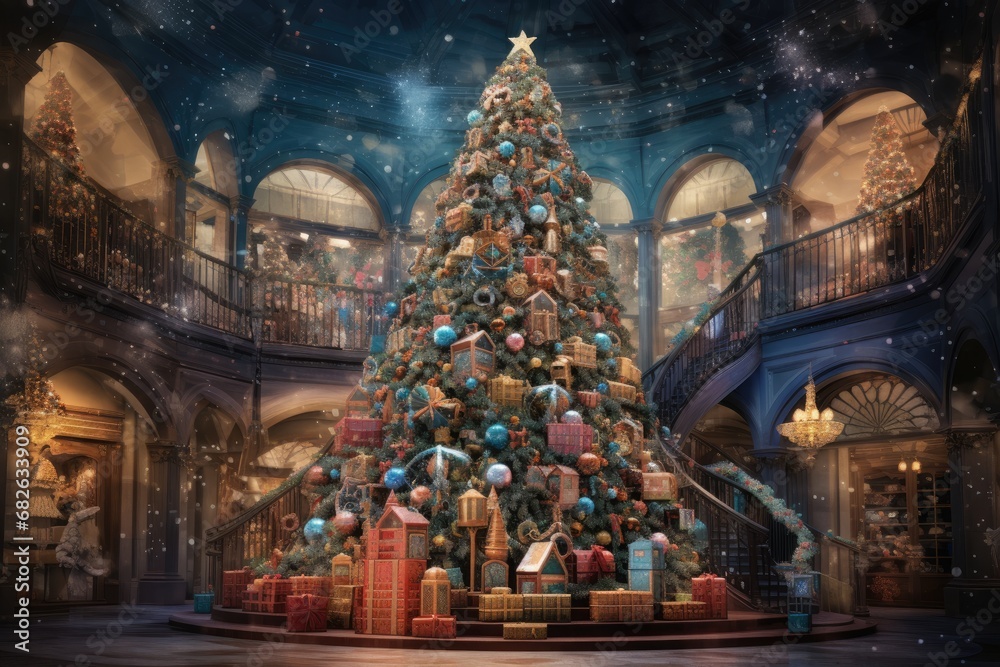 Fototapeta premium Christmas tree in the interior of the theater. Christmas and New Year, A huge Christmas tree with bright lights and presents, AI Generated