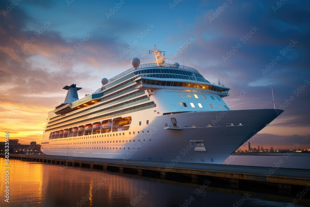 Cruise ship in the port of St. Maarten at sunset, A large white cruise ship stands near the pier at sunset, AI Generated