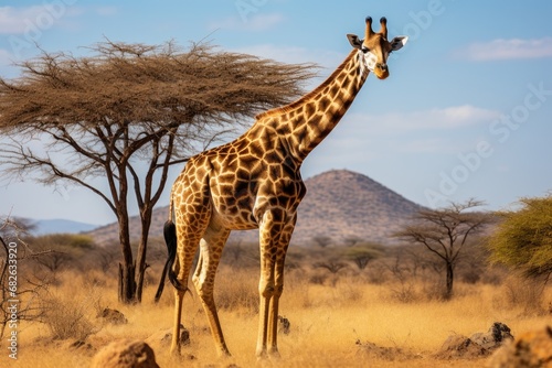 A giraffe in the Etosha National Park, Namibia, A large giraffe in a Ruaha National Park, AI Generated