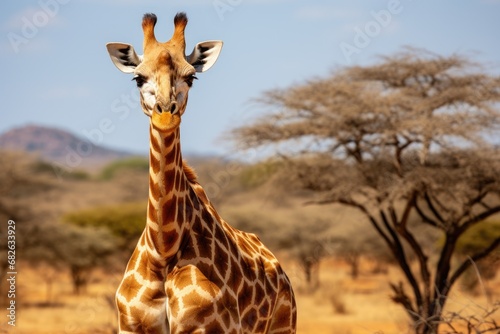 Giraffe in the savannah of Namibia, Africa, A large giraffe in a Ruaha National Park, AI Generated © Ifti Digital