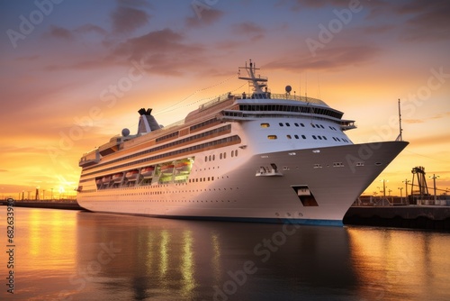 Cruise ship in the port at sunset. Luxury cruise liner, A large white cruise ship stands near the pier at sunset, AI Generated © Ifti Digital
