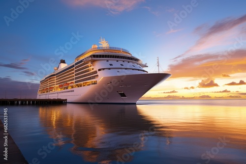 Cruise ship in the port of Hamburg at sunset, Germany, A large white cruise ship stands near the pier at sunset, AI Generated