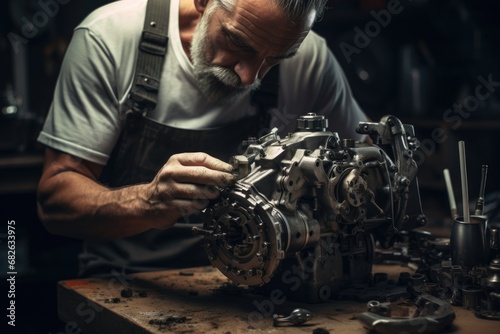 Aged mechanic repairing a car engine in his workshop. Selective focus, A man is operating and repairing mechanical parts, AI Generated