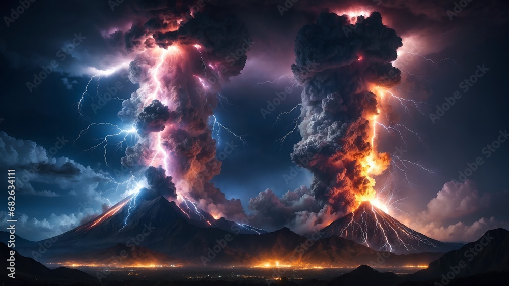  Volcano erupting with lightning in the sky. 4K - 8K - 12K TV. Generative AI.