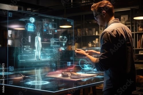 selective focus of man touching hologram with medical icons on screen, A person using AI hologram technology at work, captured from the rear view, AI Generated