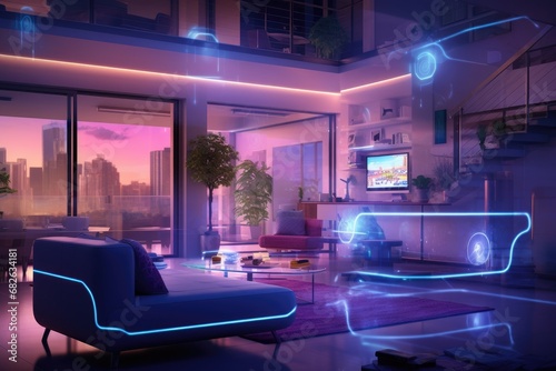Modern bright interiors apartment 3D rendering illustration computer generated image double exposure  A smart home interior connected with an internet connection  AI Generated