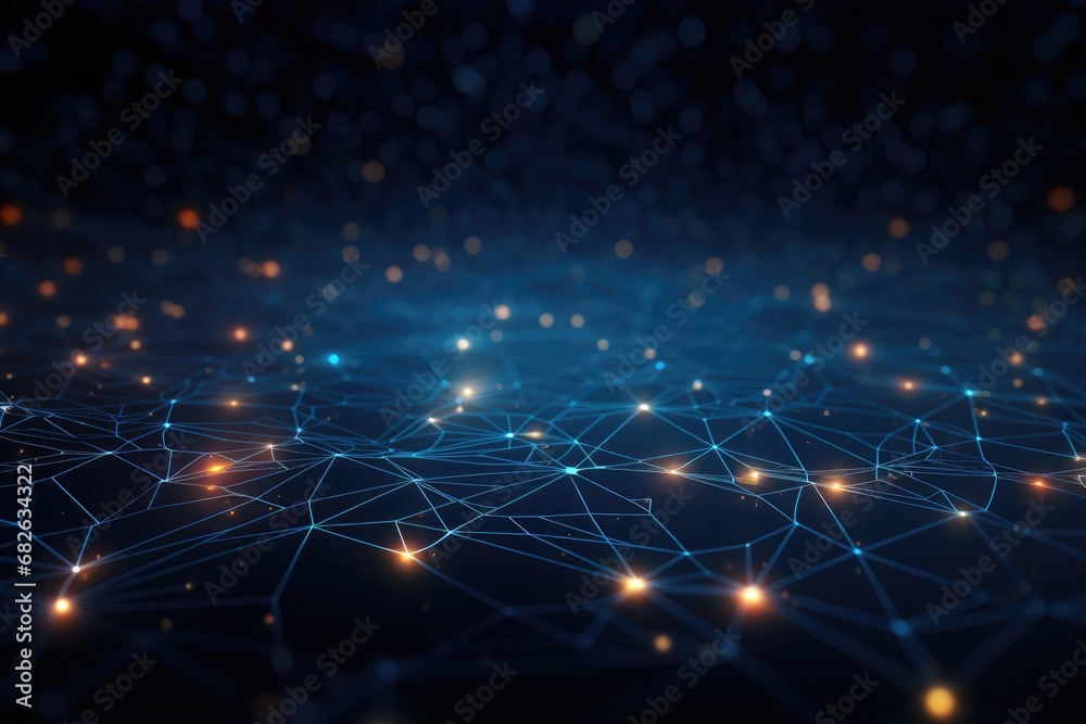 Abstract network connection on dark blue background. 3d rendering toned image, Abstract digital background with binary code flowing through a network of interconnected nodes, AI Generated - obrazy, fototapety, plakaty 
