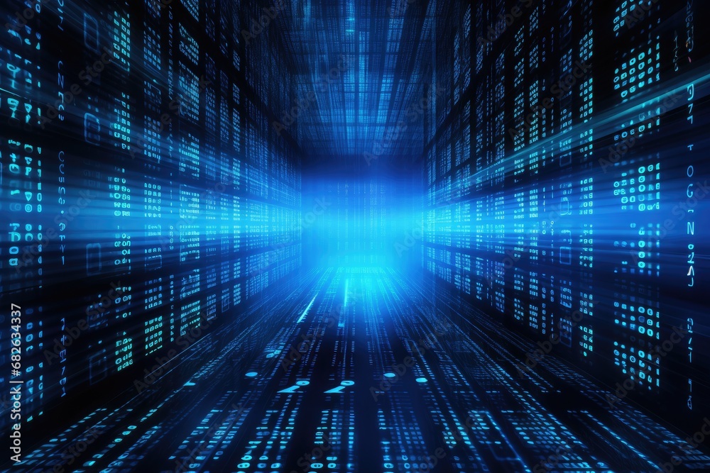 Blue matrix digital background. Abstract cyberspace concept. 3D Rendering, Abstract digital server background with binary code and AI algorithms running in the background, AI Generated