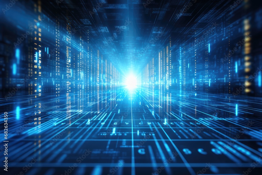 Abstract technology background with binary code. 3d rendering toned image, Abstract digital server background with binary code and AI algorithms running in the background, AI Generated