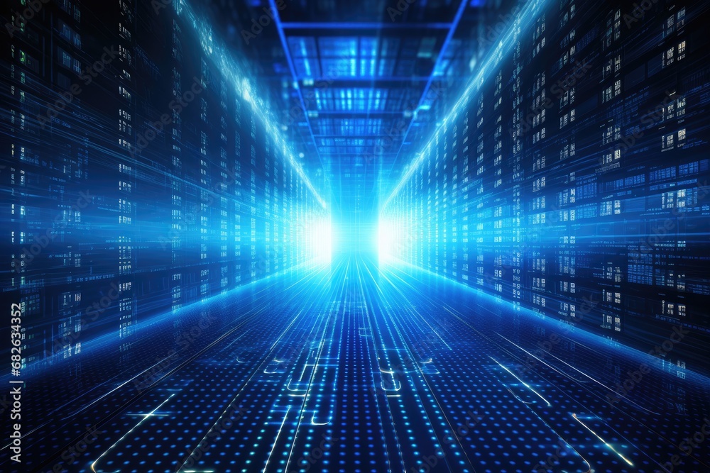 abstract technology background with binary code and blue light. 3d rendering, Abstract digital server background with binary code and AI algorithms running in the background, AI Generated