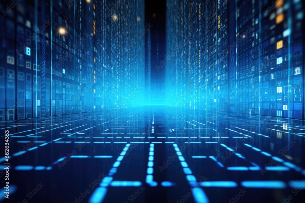 Futuristic technology background with binary code. 3D Rendering, Abstract digital server background with binary code and AI algorithms running in the background, AI Generated