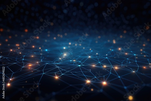 Abstract network connection on dark blue background. 3d rendering toned image, Abstract digital background with binary code flowing through a network of interconnected nodes, AI Generated