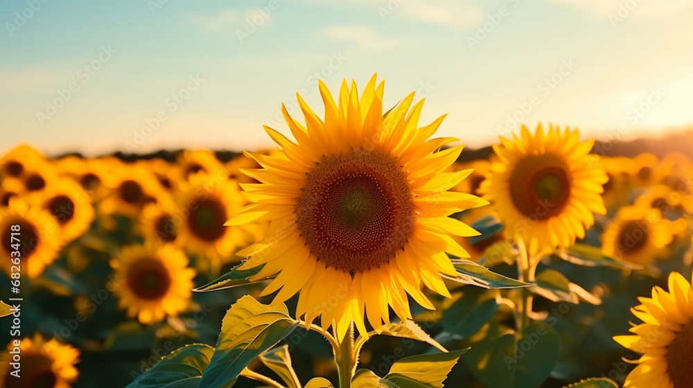A field of sunflowers swaying in the breeze, AI Generative.