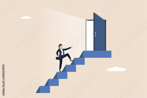 Door step to success, career development or growth and improvement to achieve success, career opportunity concept, businessman employee walking up the stairs to open the door to success.
