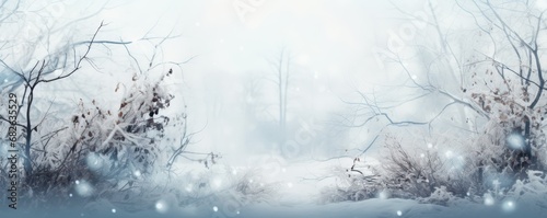 Winter atmospheric landscape with frost covered dry plants during snowfall on a blurred background