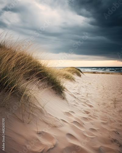 Fototapeta Naklejka Na Ścianę i Meble -  Stormy clouds looming above the beach. Coastline with sand dunes and wild grass. Moody weather, the storm approaching.