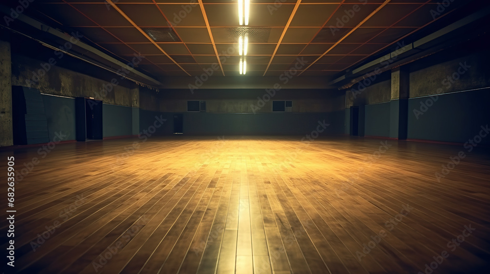 Large empty dance hall or sports hall with wooden floor and dim ceiling lights. Interior of a dark spacious commercial space, closed down, out of business. Copy space. Large empty dance hall or sports hall with wooden floor and dim ceiling lights. Interior of a dark spacious commercial space, closed down, out of business. Copy space.