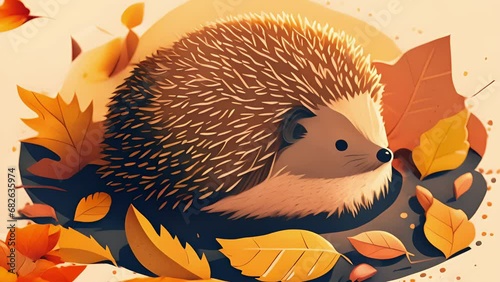 A sandycolored hedgehog rolling through a pile of autumn leaves basking in the sunlight. Cute creature. . photo