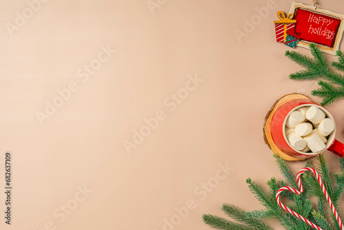 Christmas happy holydays card design on beige background