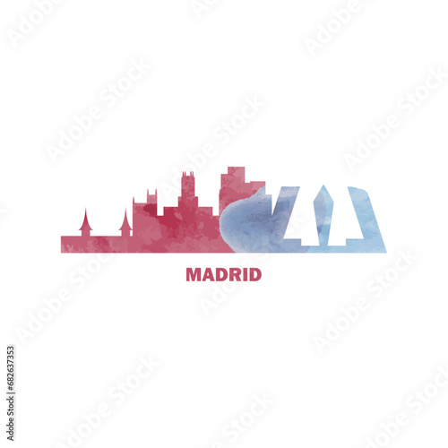 Madrid watercolor cityscape skyline city panorama vector flat modern logo, icon. Spain emblem concept with landmarks and building silhouettes. Isolated graphic