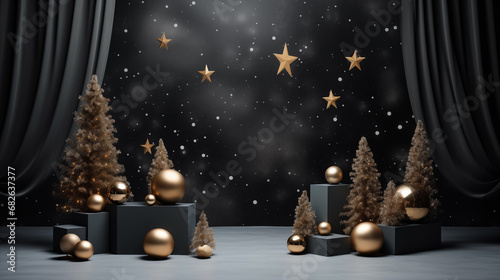 The Christmas podium backdrop is minimalist, with trees, balls, and stars. Podium to display and showcase the product in black tone.