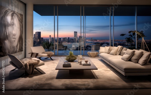 Modern penthouse situated in a downtown, showcase the luxury and contemporary design elements characteristic of the upscale urban space photo