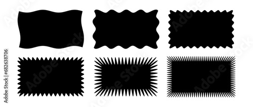 Zig zag wavy edge rectangle shape collection. Jagged rectangular form set. Black graphic design element pack for decoration, banner, poster, template, sticker, badge, label, tag, flyer. Vector bundle
