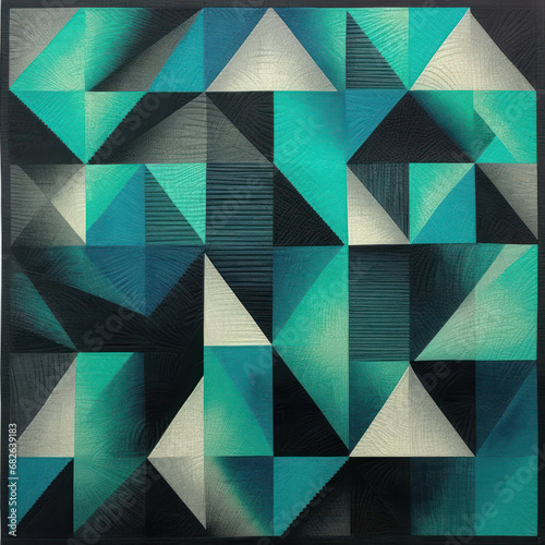 Turquoise geometric shapes over a charcoal gray base 