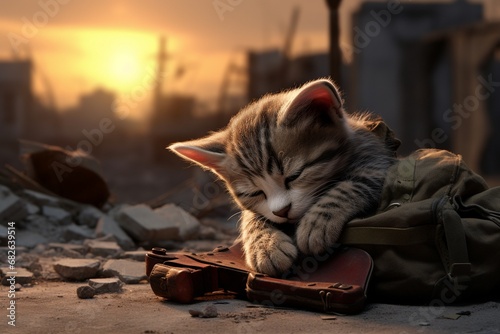 sad cat at war zone 3D