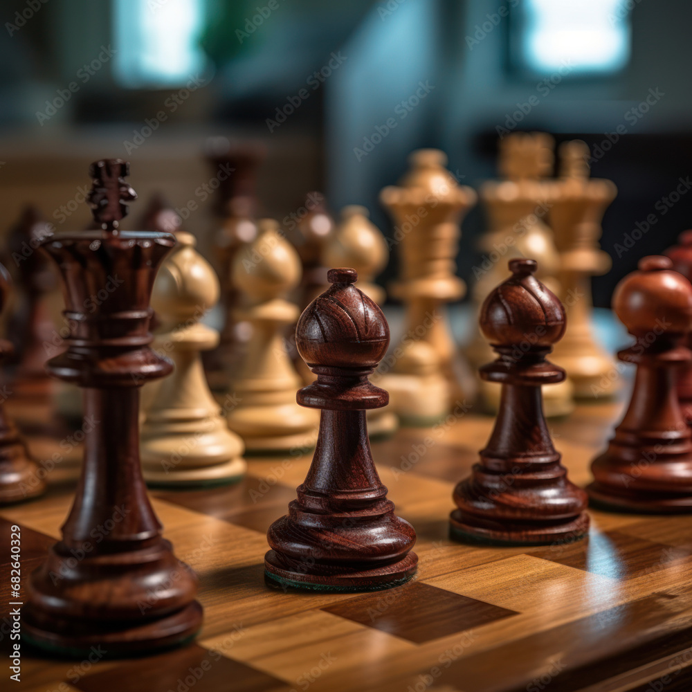 Fototapeta premium Chess Set Classic color grading wooden pieces soft 