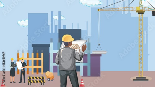 Engineer Looking To Paper Plan in front of Construction Site with animated Crane. Flat design Animation. Civil engendering and Building Infrastructure with teamwork planning  photo