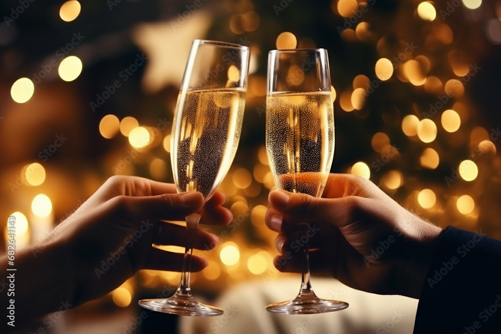 Hands holding glasses of champagne against the Christmas tree background, golden lights