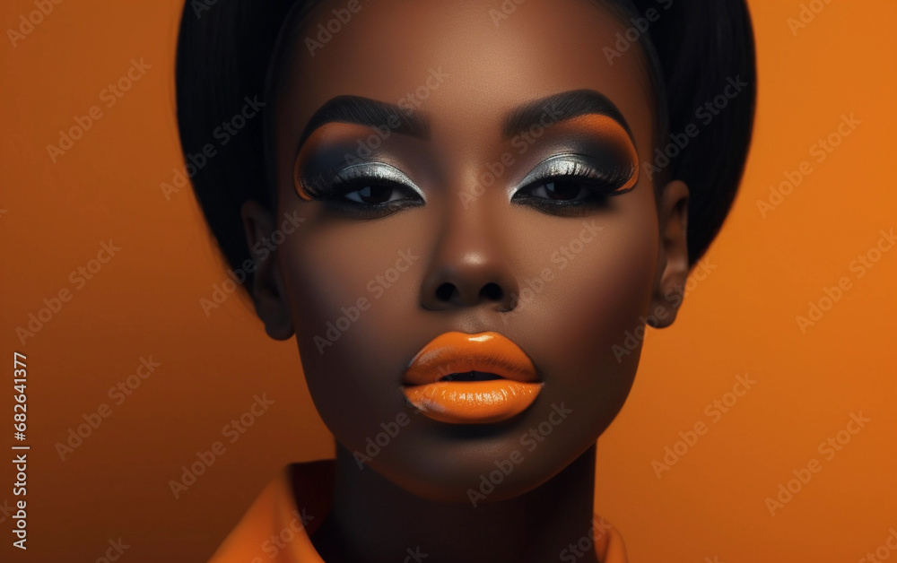 Portrait of a black woman with bright professional makeup. Black model with orange lip gloss and grey eye shadow Portrait of a black woman with bright professional makeup. Black model with orange lip gloss and grey eye shadow