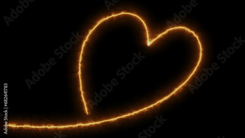 Neon heart frame. Neon heart shape or laser glowing yellow lines in fog background. Retro yellow neon heart sign. Romantic design for Happy Valentines Day. Night light advertising.