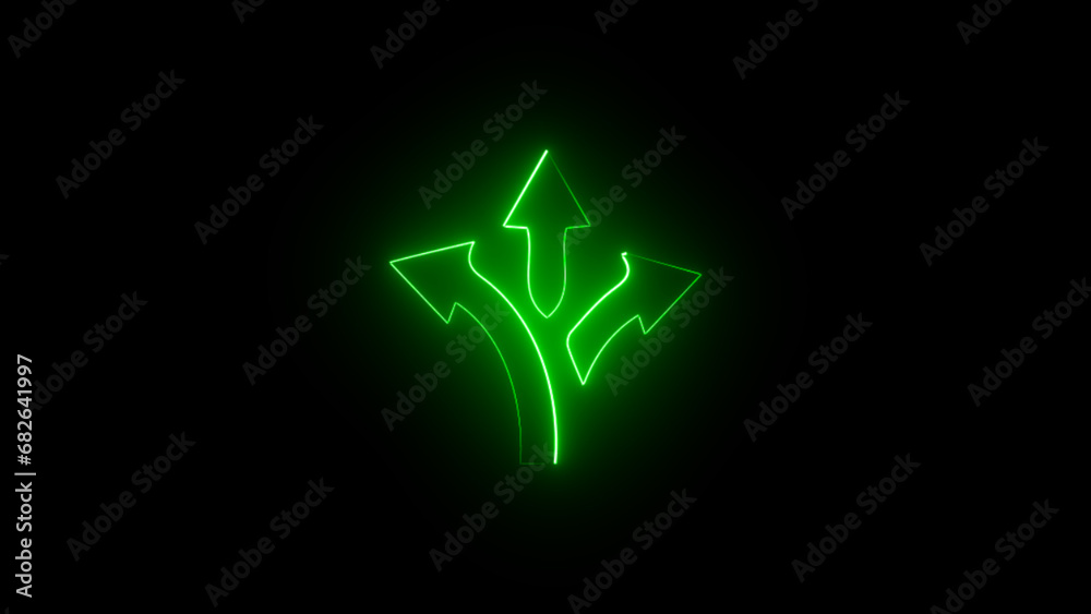 neon all direction arrow icon. glowing way direction arrow sign. three arrow, way sign, road direction icon. three-way direction neon arrow sign. arrow points to the left, right, up.